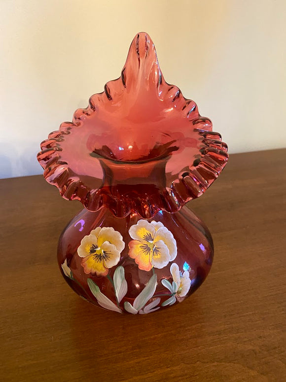 Fenton Cranberry Vase with Pansies
